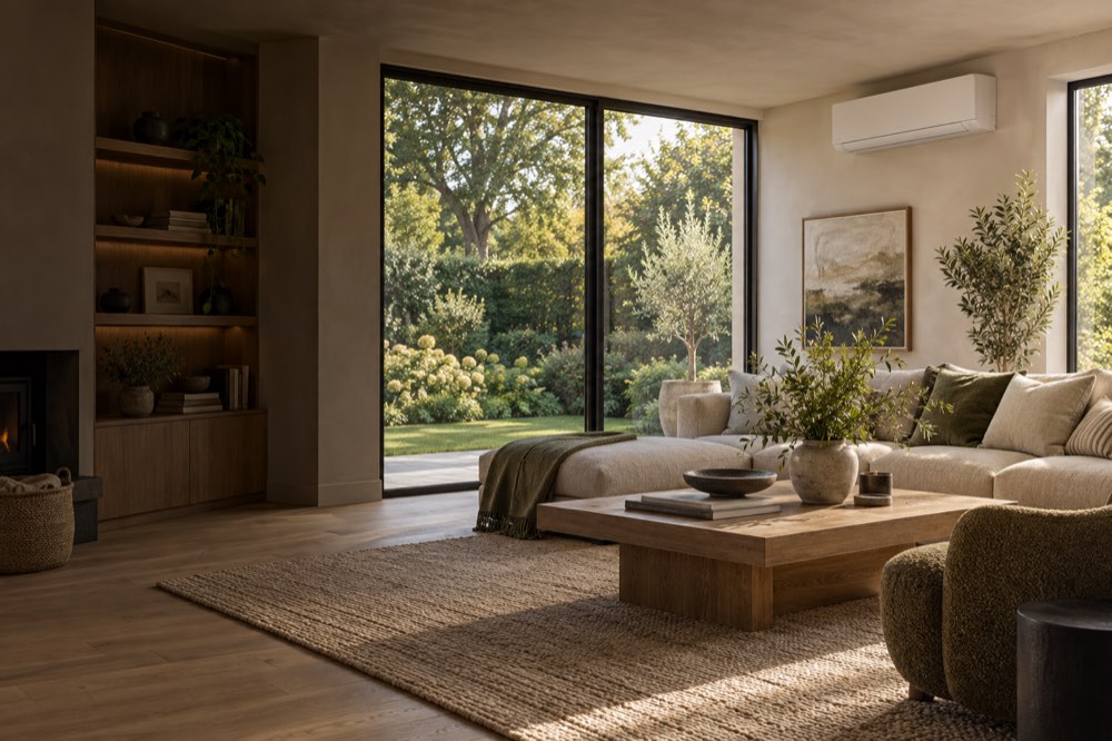 Calm contemporary living room with a discreet wall-mounted air conditioning unit